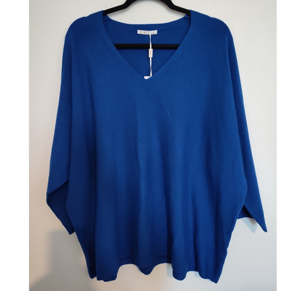 Vila Milano Women Cobalt Blue V-Neck Batwing Sleeve Button Back Knit Top 2X NWT